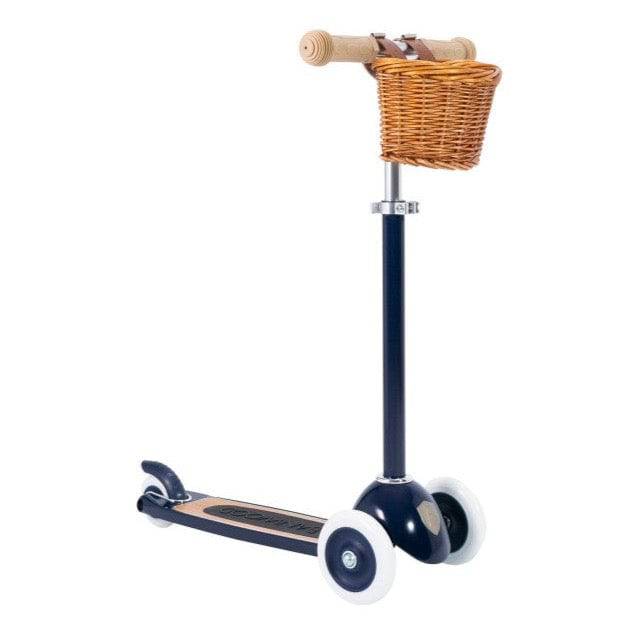 Three-wheeled scooter with wicker handlebar basket - Navy Blue