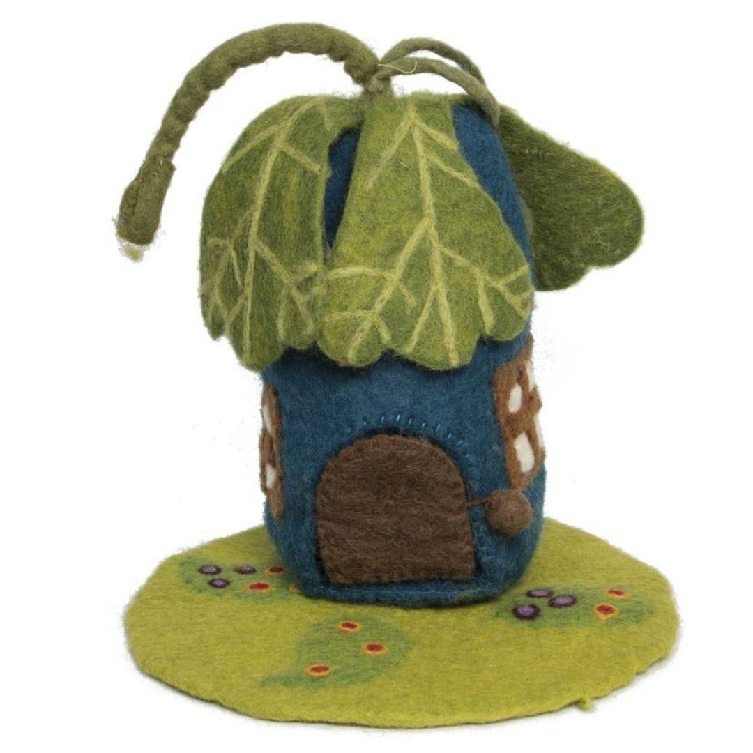 Fairy World - Oak Leaf Fairy House and Mat. Blue felt semi-cylindrical house with brown door and windows, with veined green leaves hanging down from the top, on a circular green felt mat