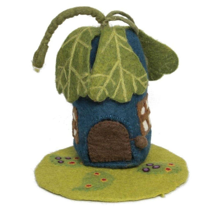 Fairy World - Oak Leaf Fairy House and Mat. Blue felt semi-cylindrical house with brown door and windows, with veined green leaves hanging down from the top, on a circular green felt mat