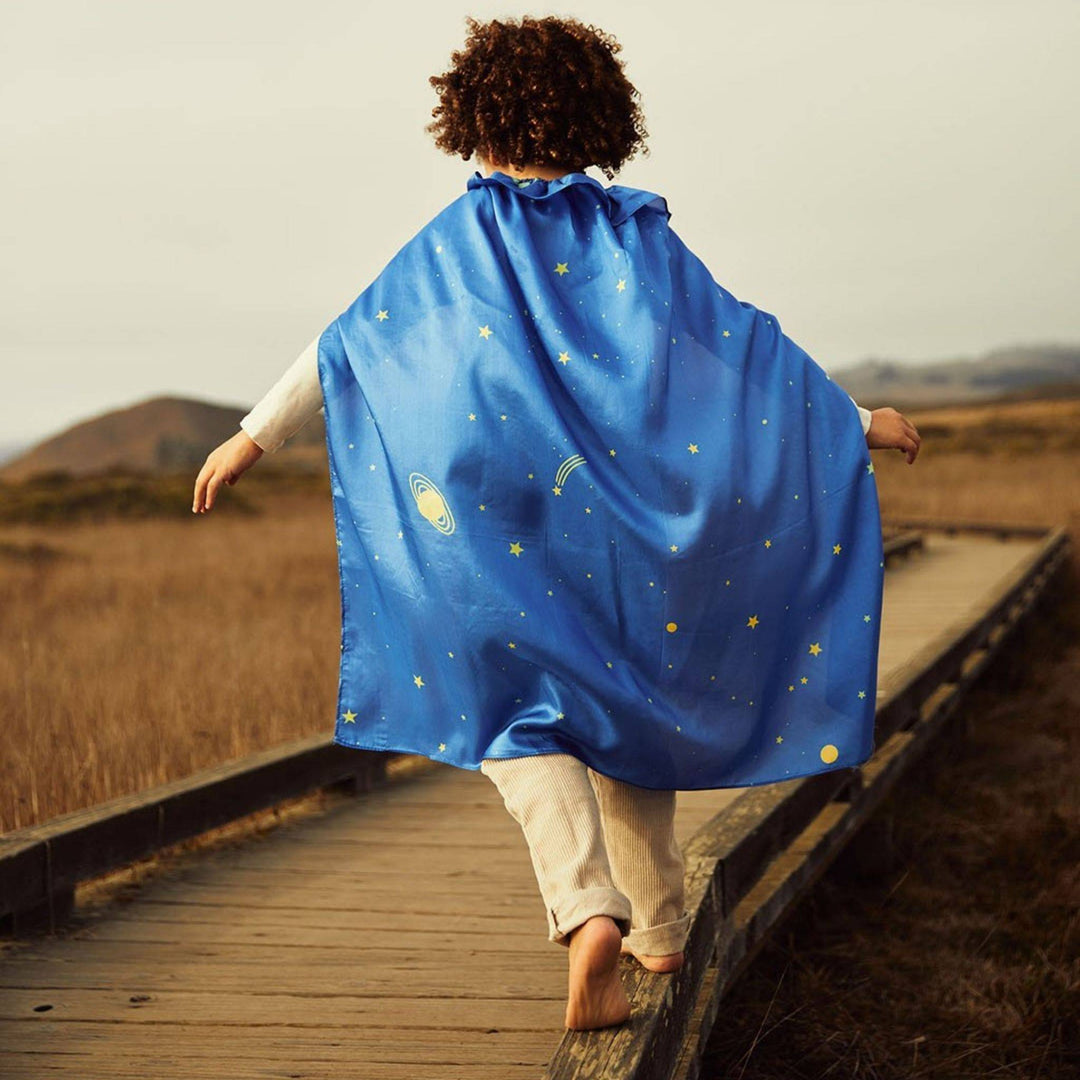Sarah's Silks - Starry Night Silk Cape (view from back with child running) - Bella Luna Toys