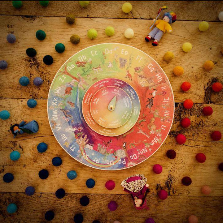 Colorful Story Wheel on wooden table from above, with several felted people laying on the table and some colorful felt balls arranged by color matching the wheel