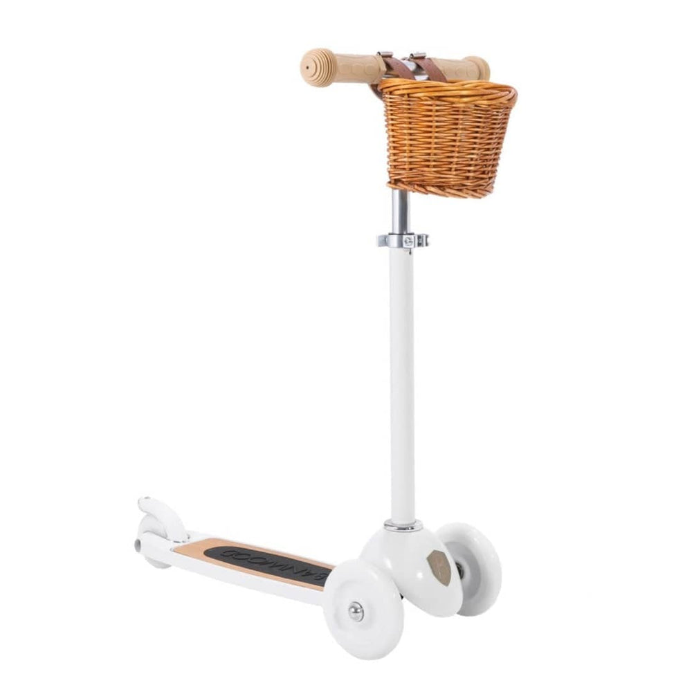 Banwood vintage-style 3-wheeled scooter with wicker handlebar basket - White | Bella Luna Toys