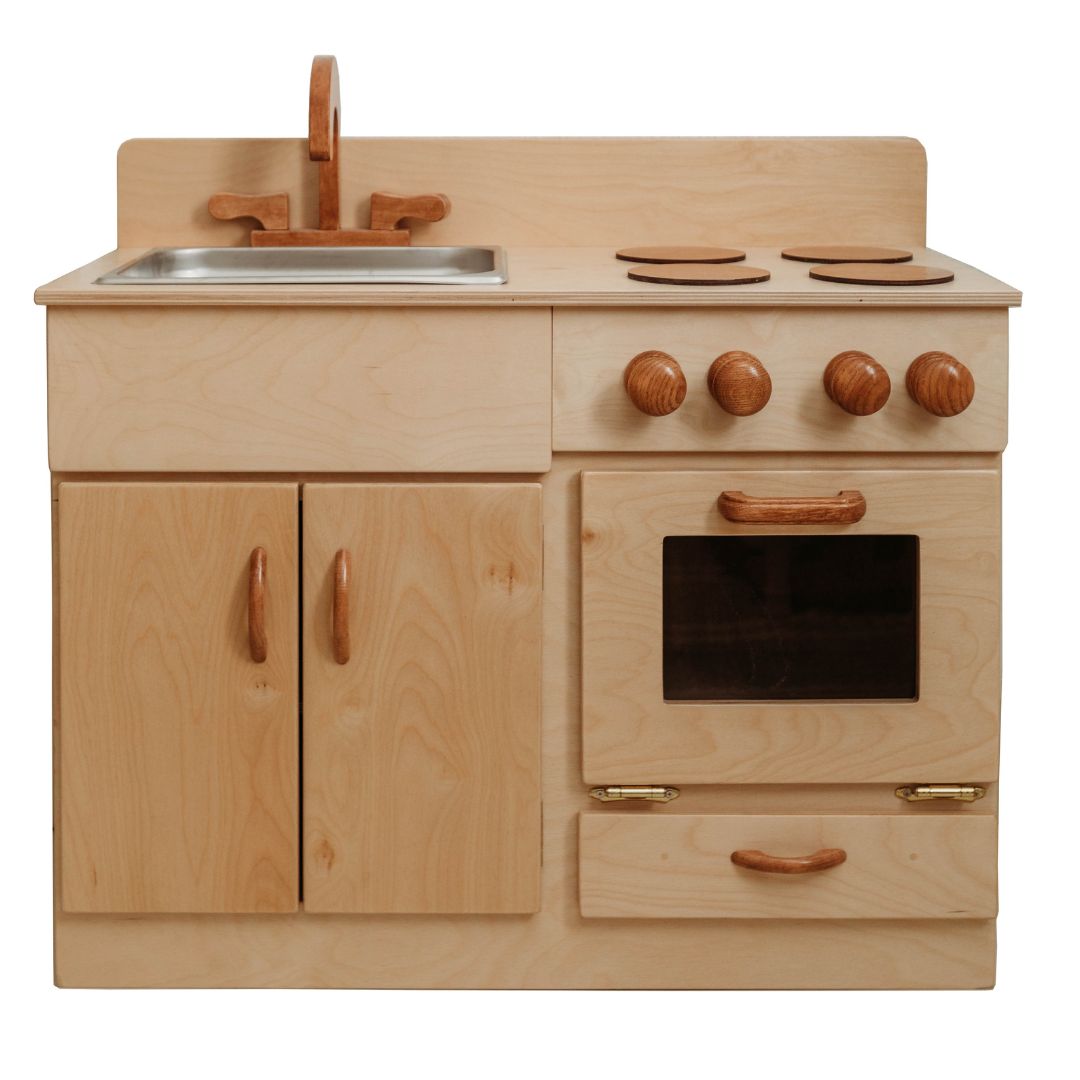Bella Luna Toys- Wooden Toys- Natural wood toy kitchen with play sink, stove, oven, and drawers