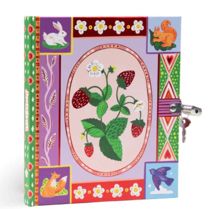 eeBoo- Journal with strawberry design. In each corner is a drawing of animals, including a squirrel, bird, fox, and rabbit -Bella Luna Toys