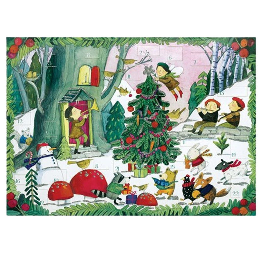eeBoo- Christmas advent calendar with animals in sweaters surrounding ornamented Christmas tree- Bella Luna Toys