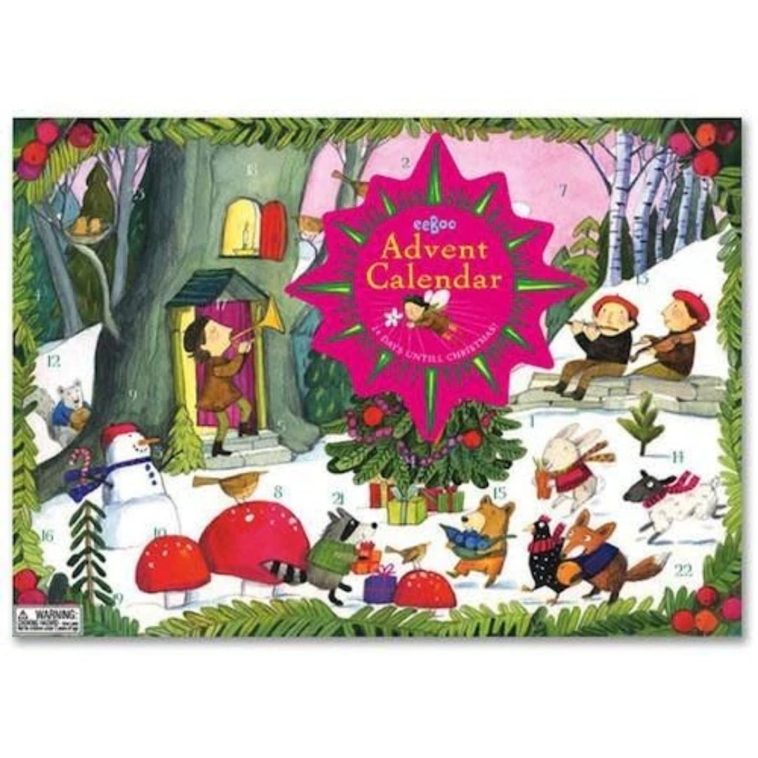 eeBoo- Christmas advent calendar with animals in sweaters surrounding ornamented Christmas tree star is sticker with the words Advent Calendar and includes a picture of a Christmas fairy. Inc- Bella Luna Toys