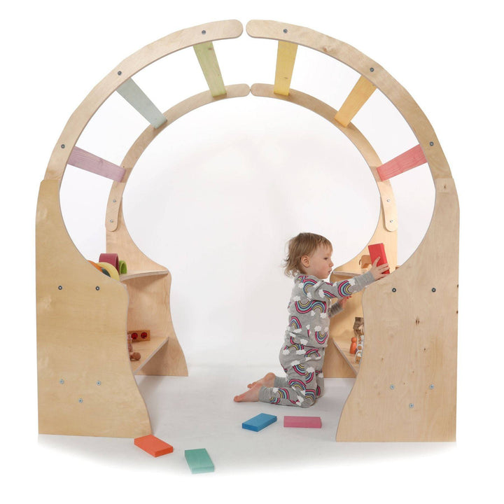 Sawdust and Rainbows - Pastel Waldorf Wooden Playstand - Child Playing - Bella Luna Toys