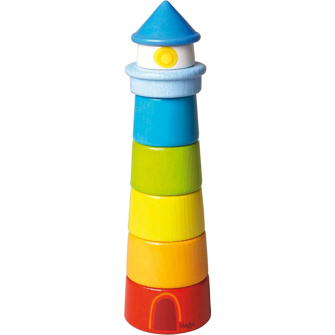 Rainbow colored wooden children's toy lighthouse by HABA- Bella Luna Toys