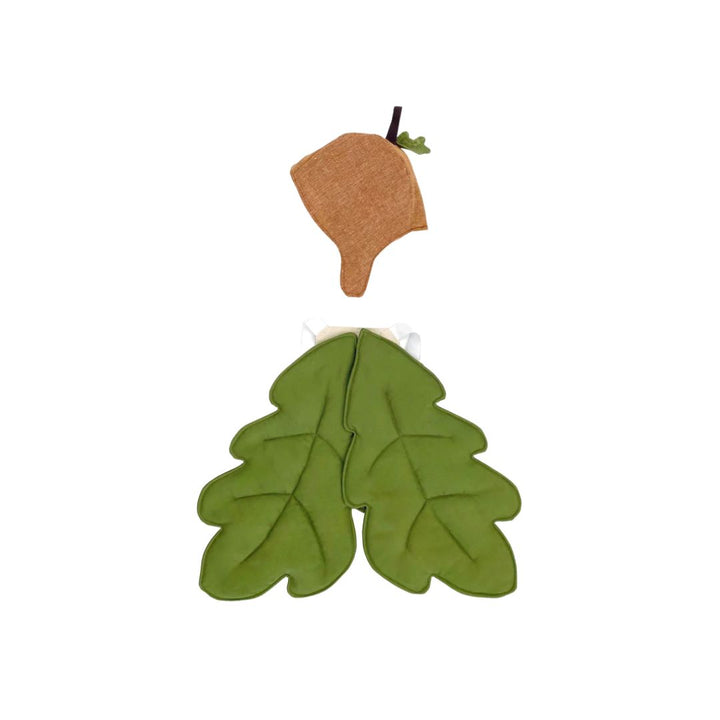 Jack Be Nimble brown acorn hat with stem and leaf. Beneath hat lays children's green oak wings costume- Bella Luna Toys