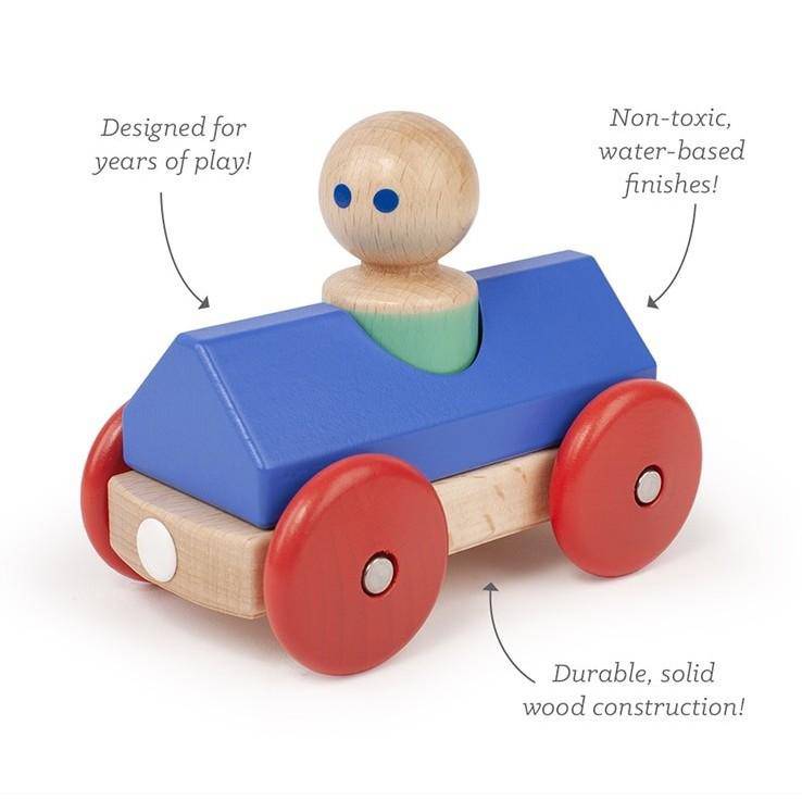 Wooden Magnetic Race Car - Tegu - Blue/Poppy - Side - Bella Luna Toys