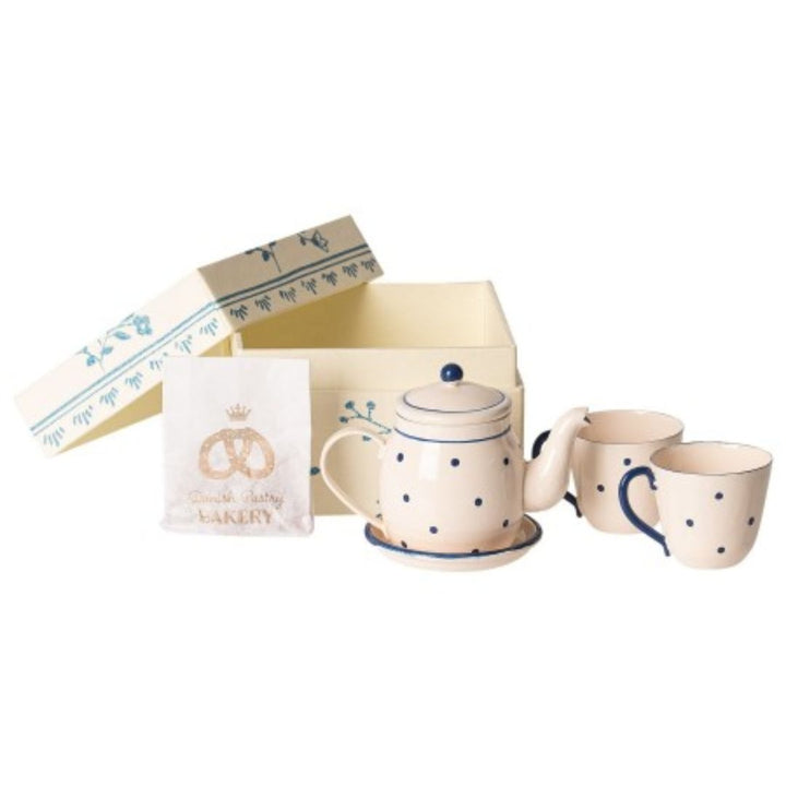 Maileg Tea & Biscuits for two - Miniature box of cookies (biscuits) with a miniature tea set. Tea set is white with royal blue polka dots - Bella Luna Toys