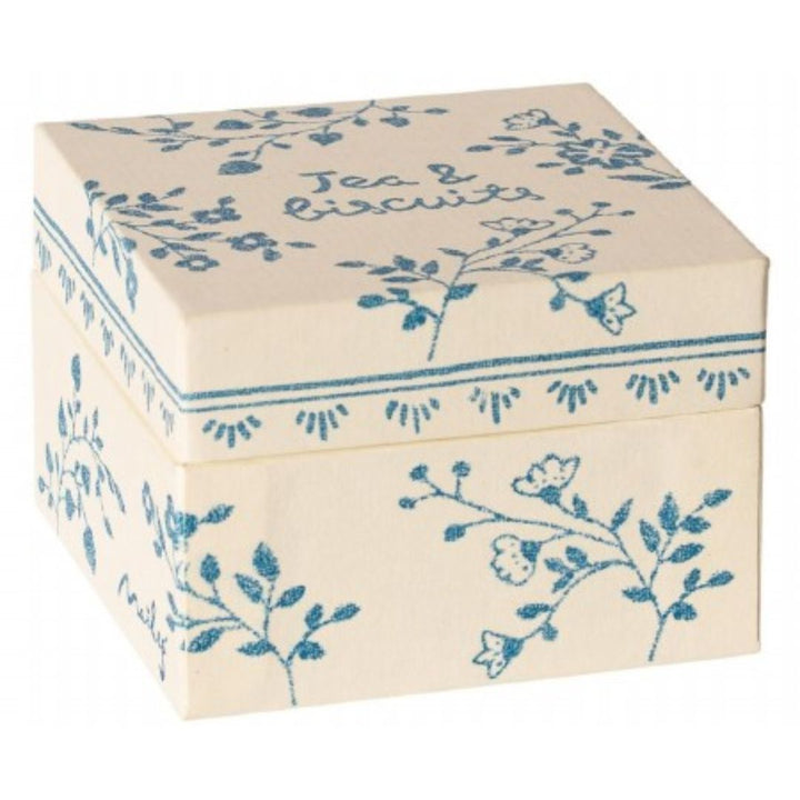 Maileg Tea & Biscuits for two - White cookie (biscuit) box with royal blue floral design- Bella Luna Toys