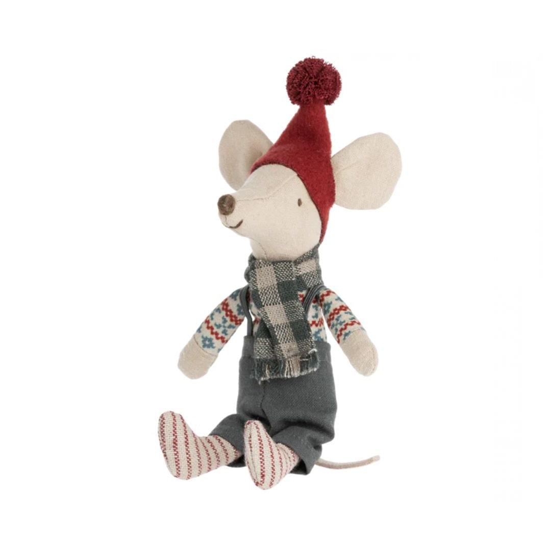 Maileg Christmas mouse, Big brother - Stuffed toy mouse dressed in Christmas garb including red pom pom hat, green and white scarf, red and white striped socks -  Bella Luna Toys