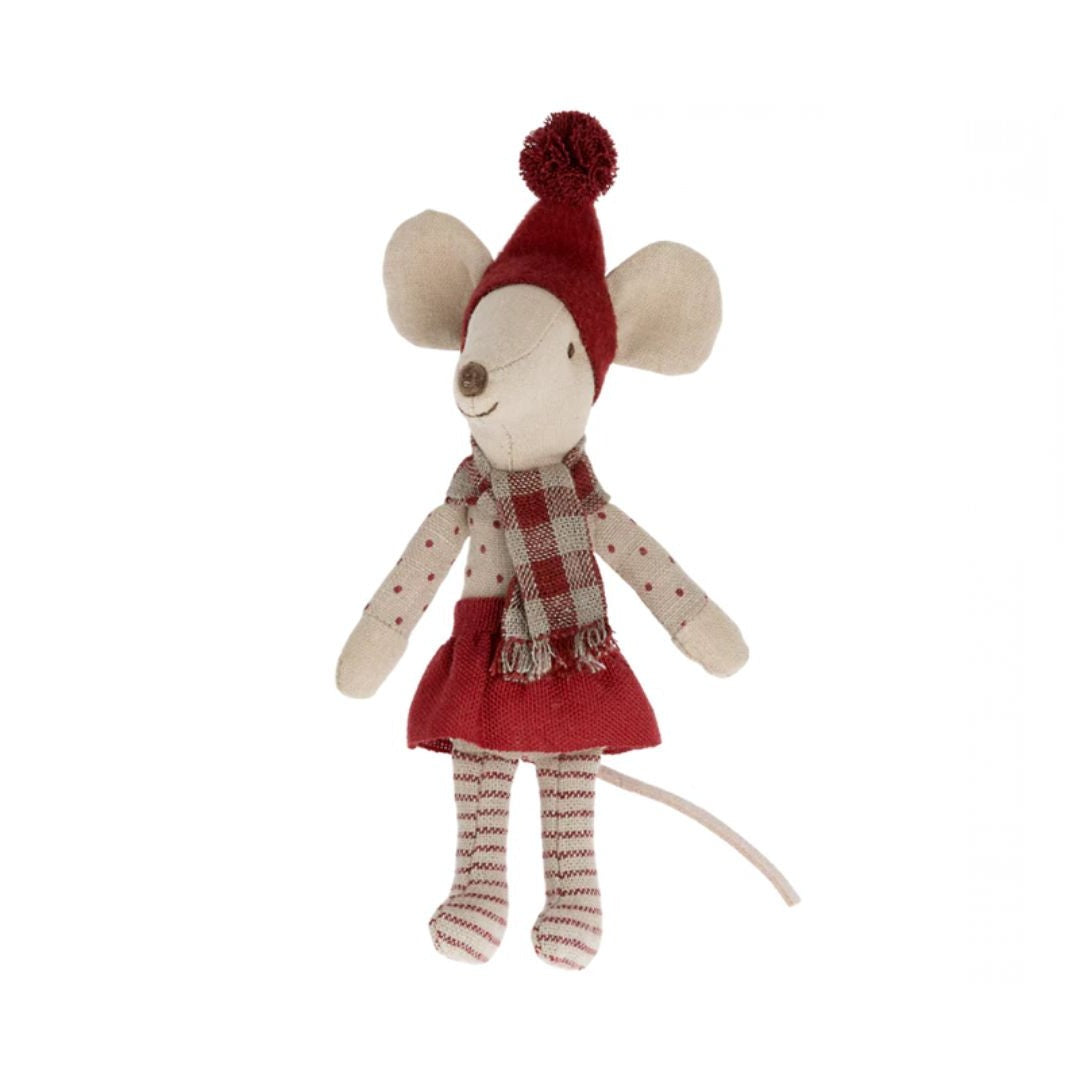 Maileg Christmas mouse, Big sister - Standing Stuffed toy mouse dressed in Christmas hat, scarf, sweater, and skirt. Clothes are red and creme colored  -  Bella Luna Toys