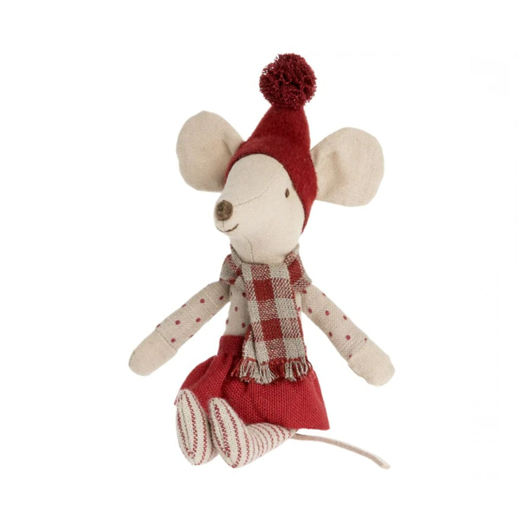 Maileg Christmas mouse, Big sister - Stuffed toy mouse dressed in Christmas hat, scarf, sweater, and skirt. Clothes are red and creme colored -  Bella Luna Toys
