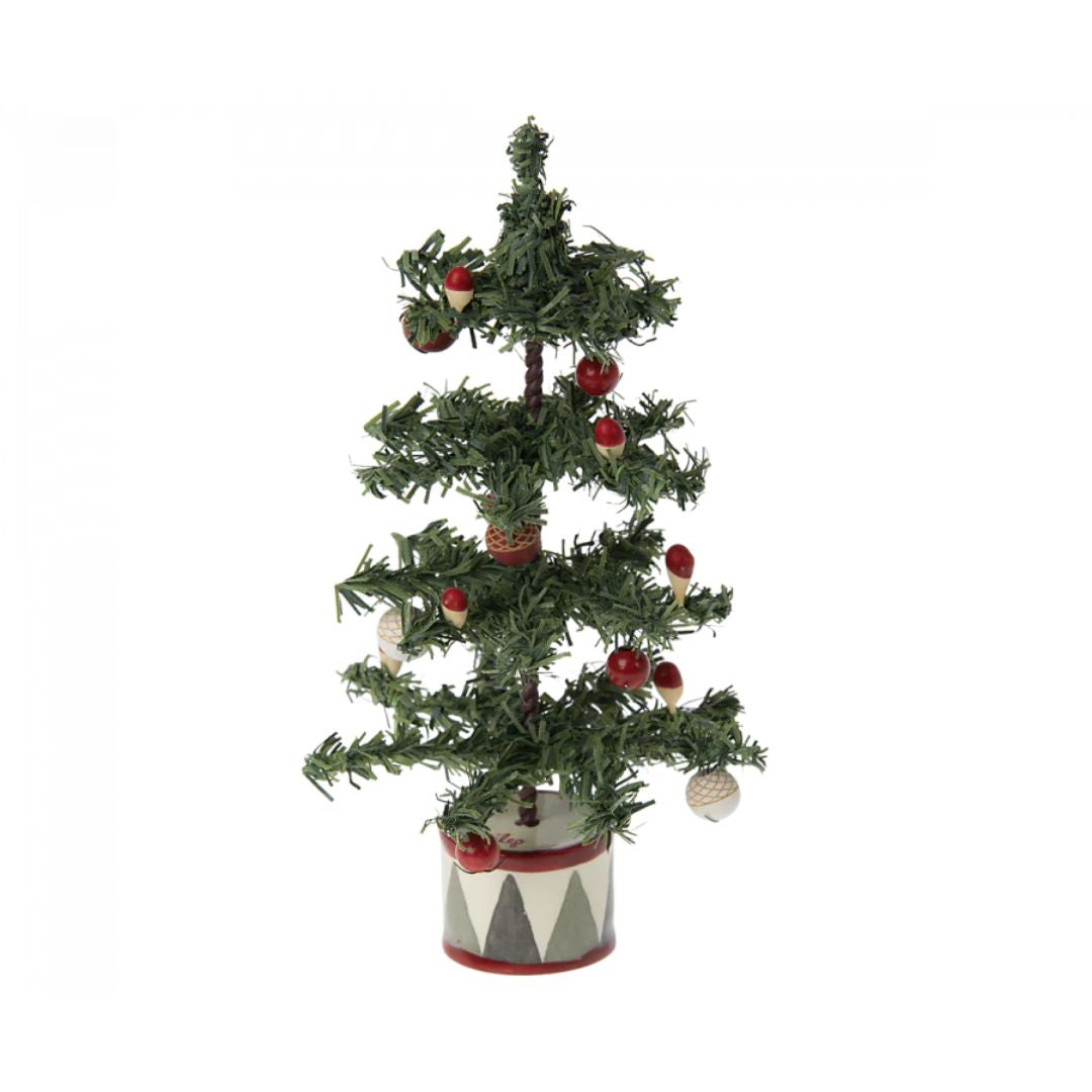 Maileg Christmas tree, Small - Green -  Miniature, dollhouse Christmas tree, with red and white ornaments and a red, white, and gray base-  Bella Luna Toys