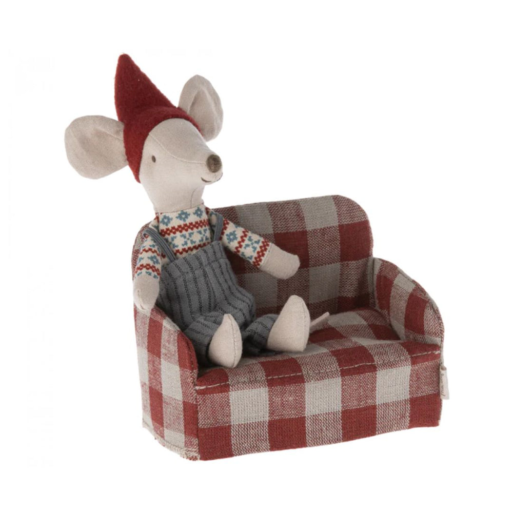 Maileg Couch, Mouse - Christmas mouse with red pom pom hat, sitting in red and creme checkered couch - Bella Luna Toys