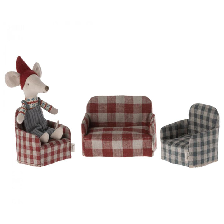 Maileg Couch, Mouse - Living room set of couches and arm chairs. In one red and creme checkered armchair sits a Christmas mouse  -  Bella Luna Toys