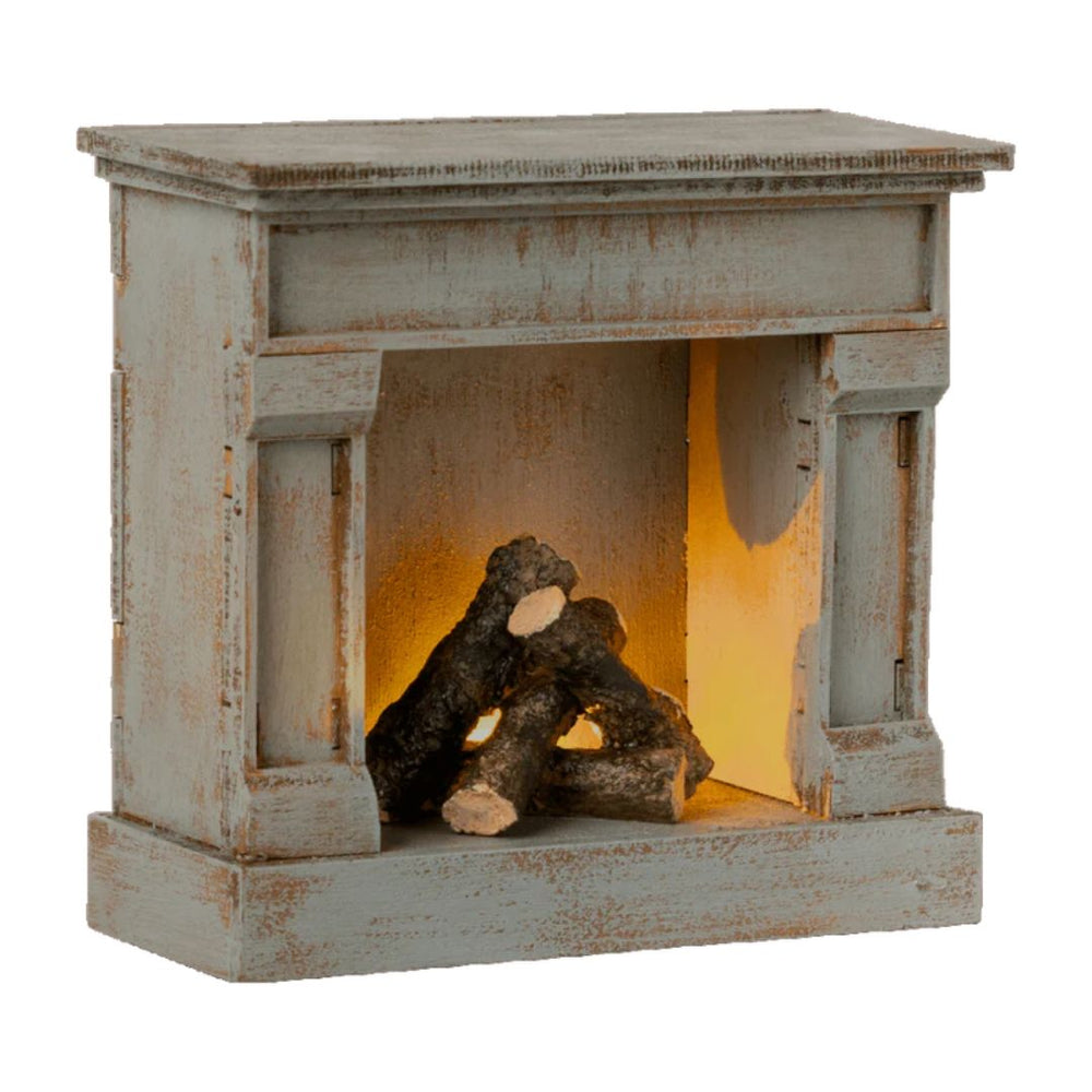 (Side-view) Maileg miniature wooden blue vintage fireplace with miniature wooden logs-  Bella Luna Toys
