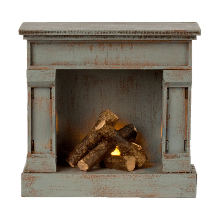 Maileg miniature wooden blue vintage fireplace with miniature wooden logs-  Bella Luna Toys