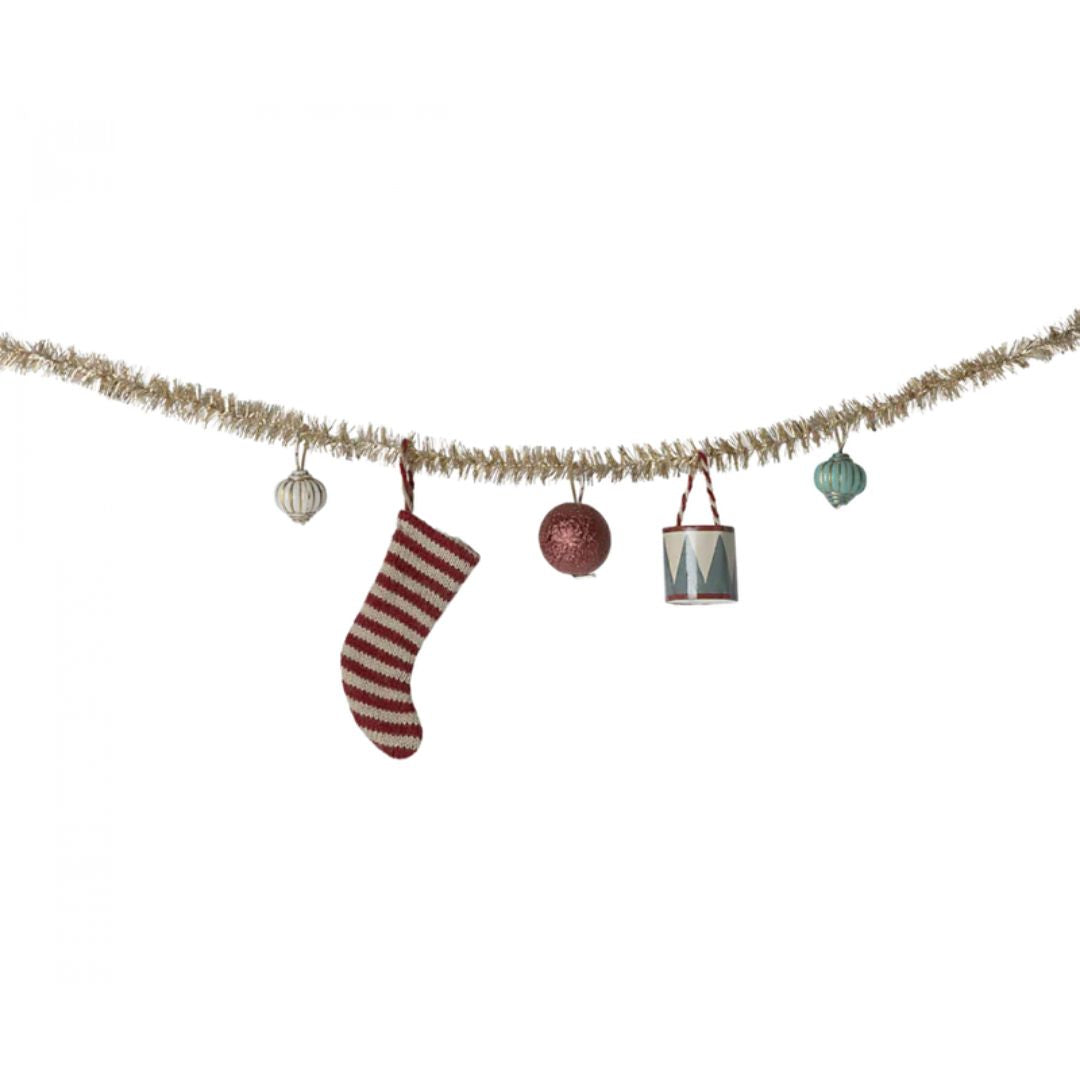 Maileg Christmas garland, Small - Gold - Miniature garland with red and white striped stocking, blue and white drum, and white, red, and blue ornaments -  Bella Luna Toys