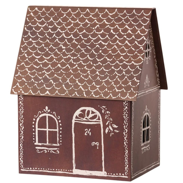 Maileg Gingerbread house - Children's toy gingerbread house that is brown in color, with white icing drawings. The house has a front door with the number 24 written on it -  Bella Luna Toys