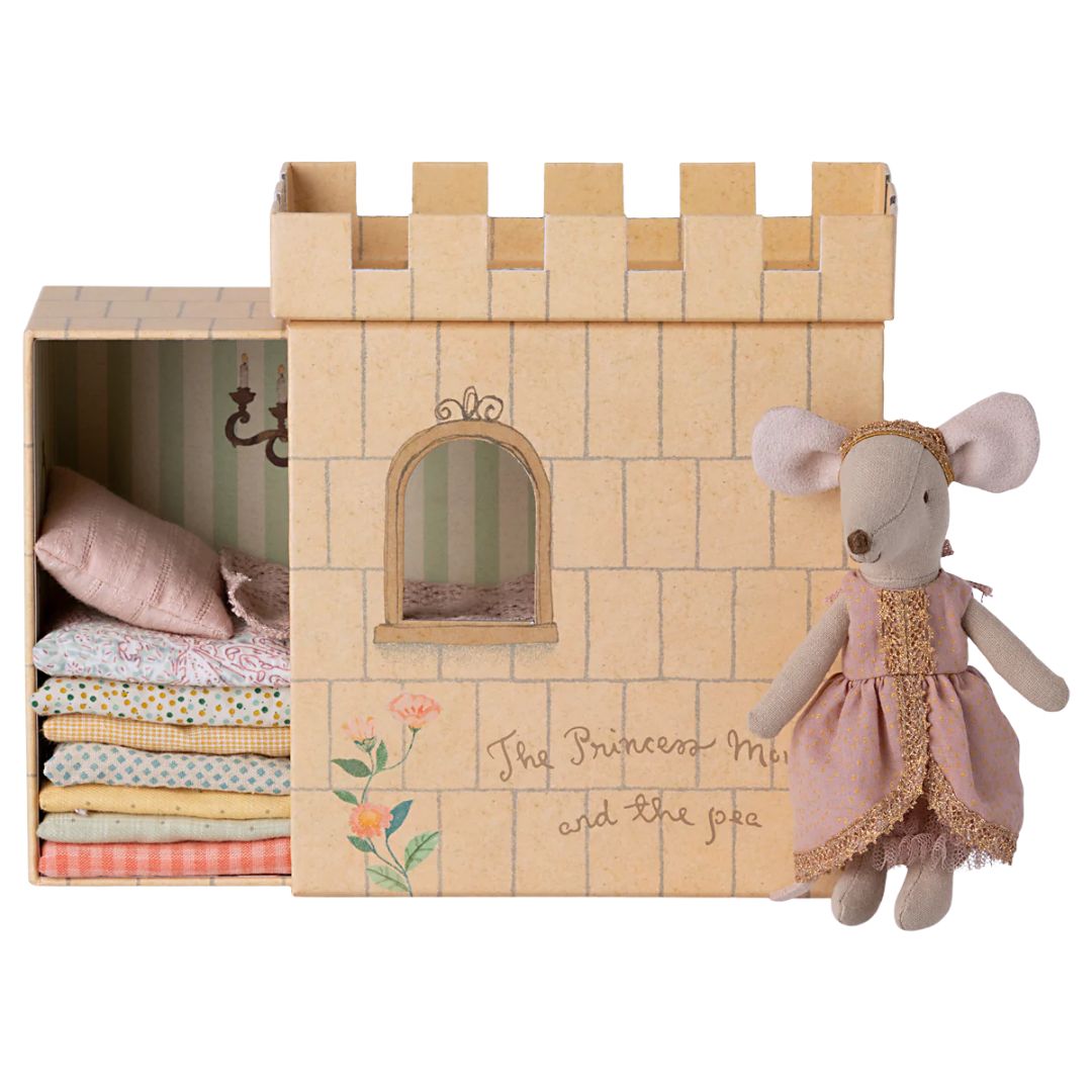 Maileg Princess and the pea, Big sister mouse - Princess and the Pea themed set. Set comes with miniature castle room with sliding door that holds a wooden pea, stacked mattresses, and princess mouse dressed in golden peach garb- Bella Luna Toys