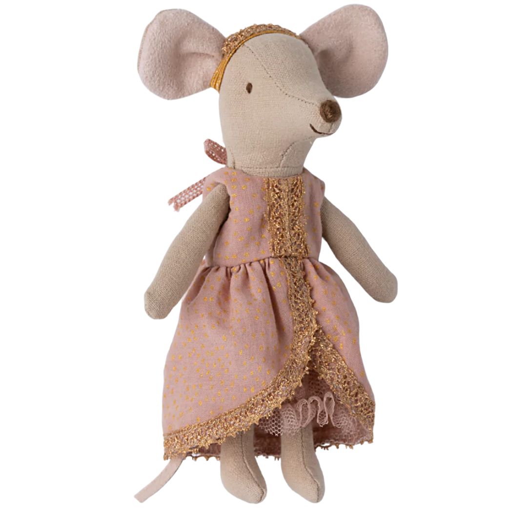 Maileg Princess and the pea, Big sister mouse - A stuffed children's princess mouse, dressed with a golden crown, and golden and golden peach garb - Bella Luna Toys
