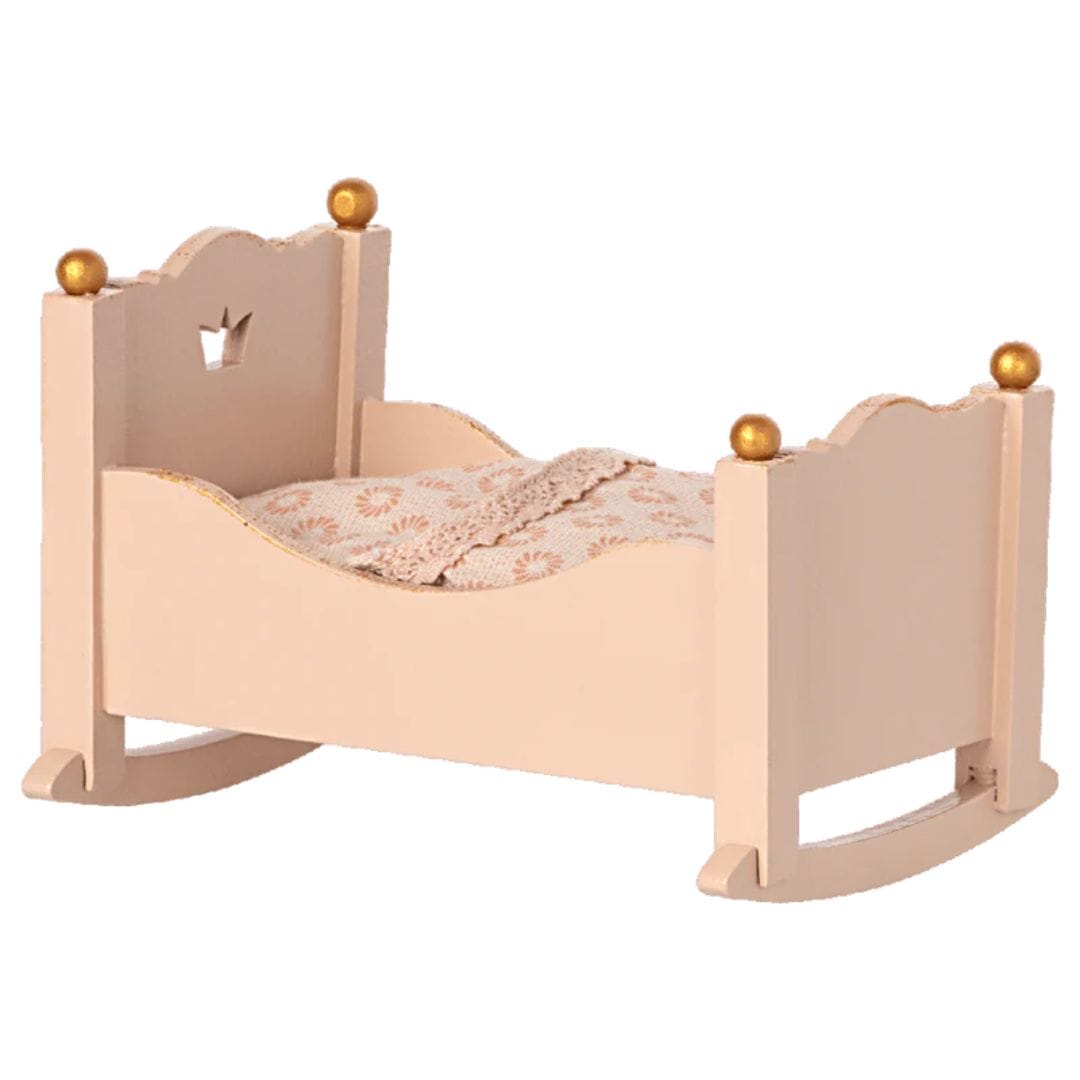 Maileg Rose Baby Cradle with Mouse - Pink wooden cradle -  Bella Luna Toys