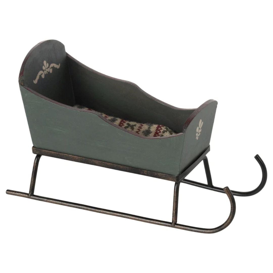 Maileg Sleigh, Mouse - Miniature green wooden sleigh with Christmas blanket on the inside -  Bella Luna Toys