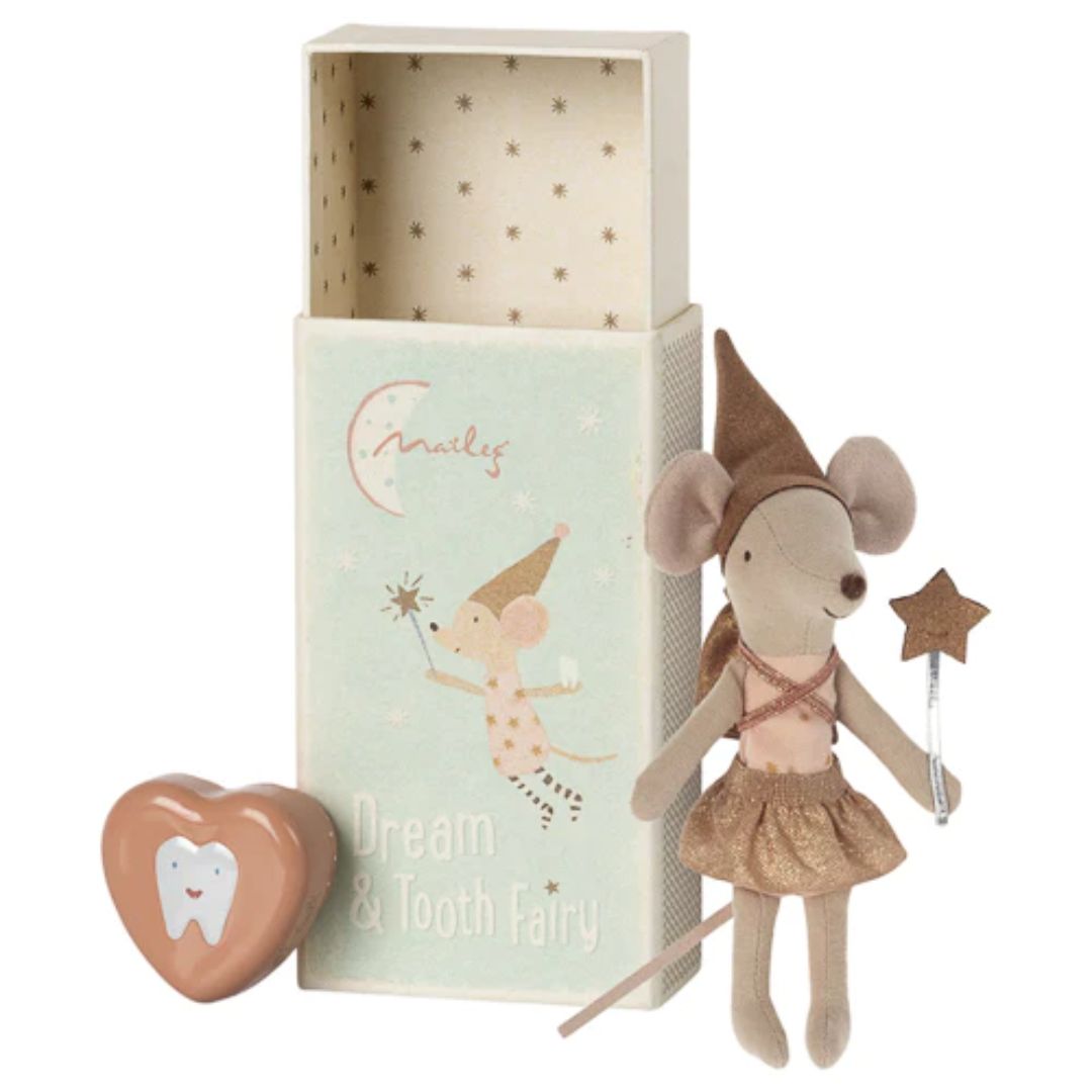 Maileg Tooth fairy mouse in matchbox - Rose - Tooth fairy mouse with golden case to place tooth, wooden box to keep mouse and case - Bella Luna Toys