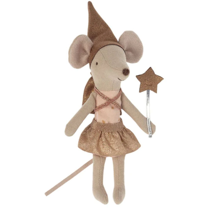 Maileg Tooth fairy mouse in matchbox - Rose - Stuffed toy moue with dark golden brown hat, wand, and skirt - Bella Luna Toys