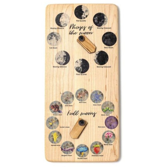 Mirus Toys- Wooden lunar calendar with two parts. The top part has phases of the moon, and the bottom has full moons- Bella Luna Toys
