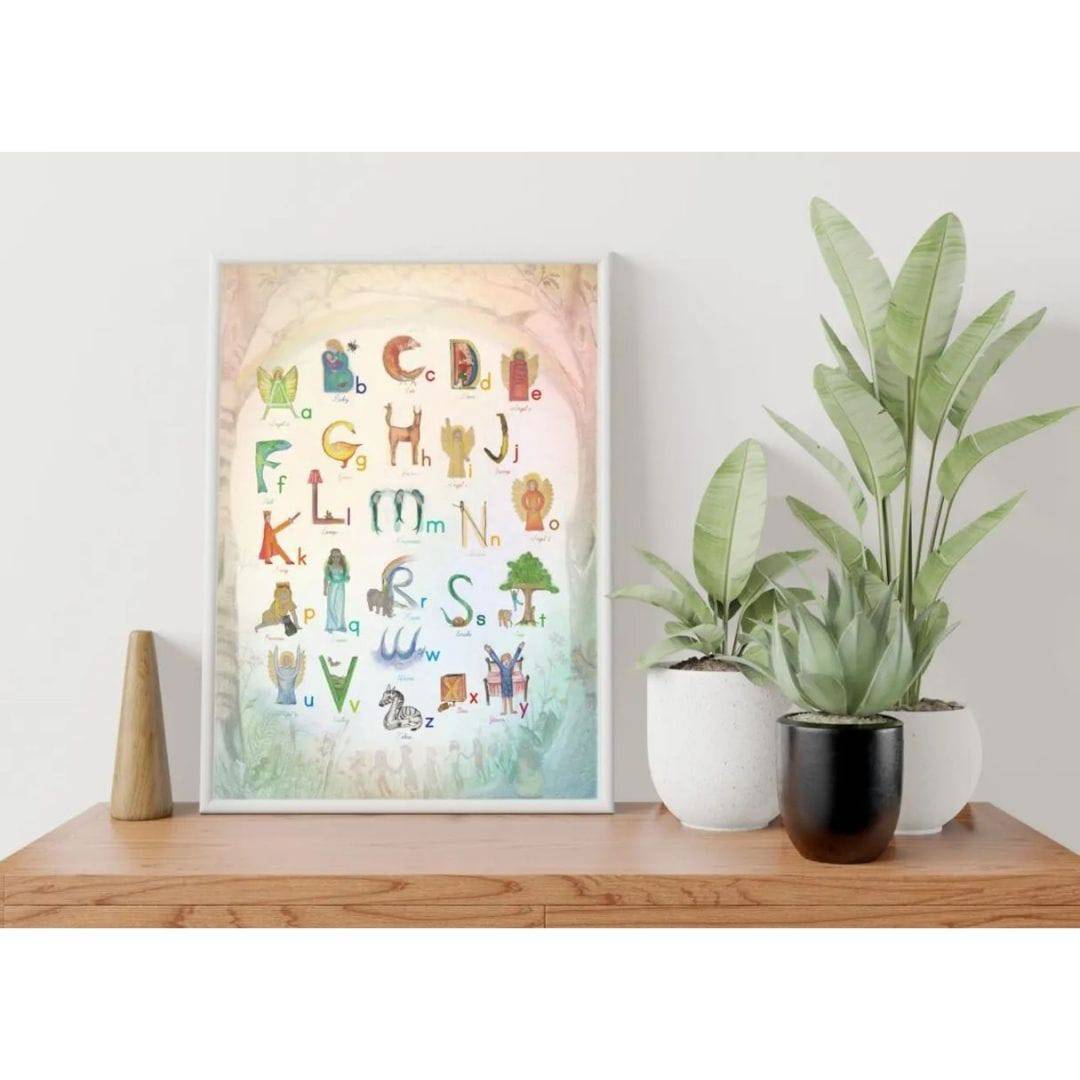 Poster, framed on wooden shelf with plants