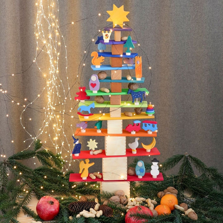 Grimm's Spiel & Holz- Wooden Toys- Holiday Tree with holiday decorations made of colorful wooden boards Bella Luna Toys