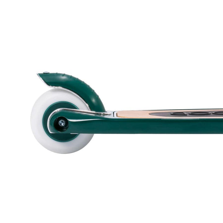 close-up of back half of Dark Green scooter showing green brake and white wheel, and wooden scooter deck