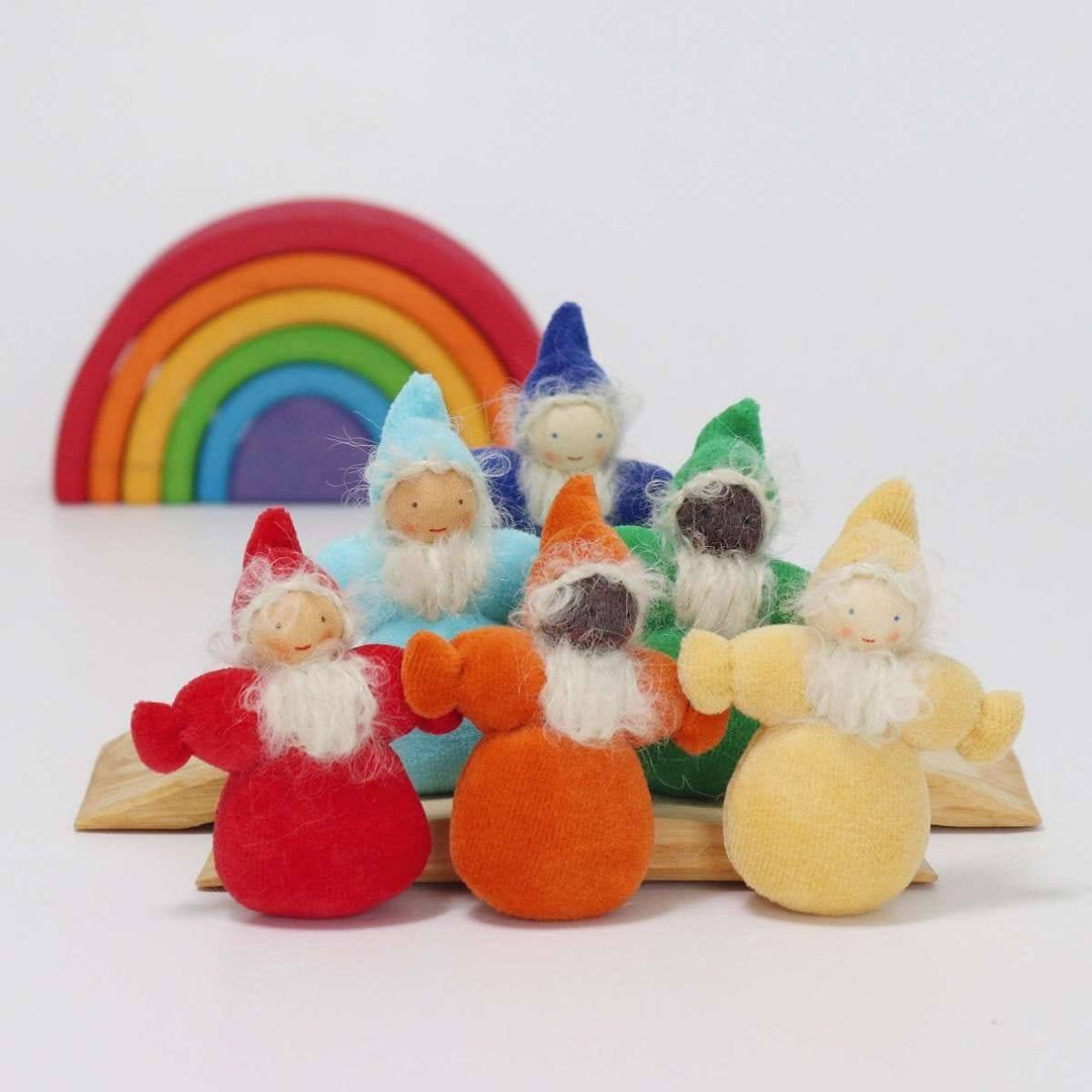 Grimm's Spiel & Holz Rainbow Dwarves - Set of Six - Standing with Rainbow Tunnel - Bella Luna Toys