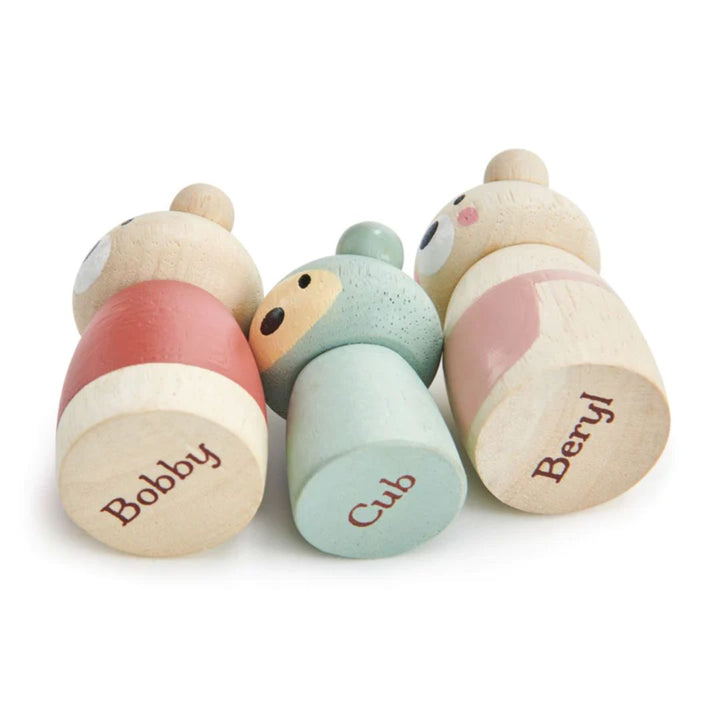 Tender Leaf Toys wooden bears with the names Bobby, Cub, and Beryl written on the bottom- Bella Luna Toys