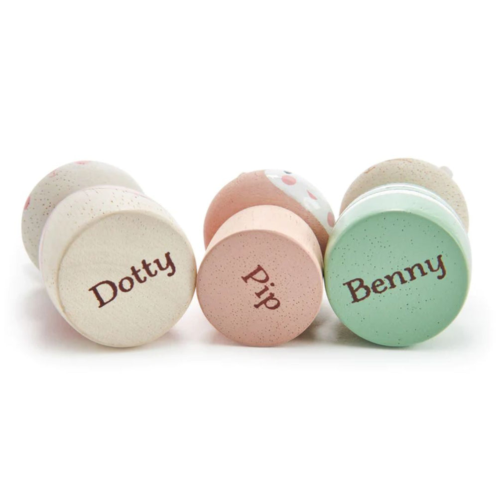 Tender Leaf Toys- The names Dotty, Pip, and Benny written on the bottom of children's wooden bunny toys- Bella Luna Toys