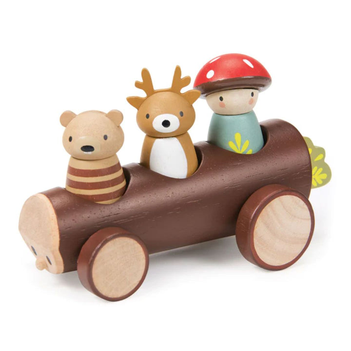 Tender Leaf Toys- Wooden log taxi holding wooden bear with stripes, wooden deer with brown antlers, and wood figurine wearing white and red mushroom hat- Bella Luna Toys