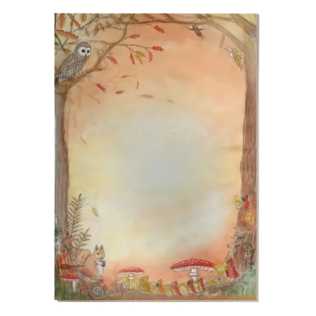 Waldorf Family orange tones of autumn writing paper. Writing paper includes drawings of fall trees, owl, squirrels- Bella Luna Toys