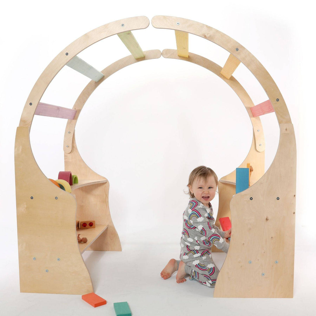 Sawdust and Rainbows - Child with Pastel Waldorf Wooden Playstand - Bella Luna Toys